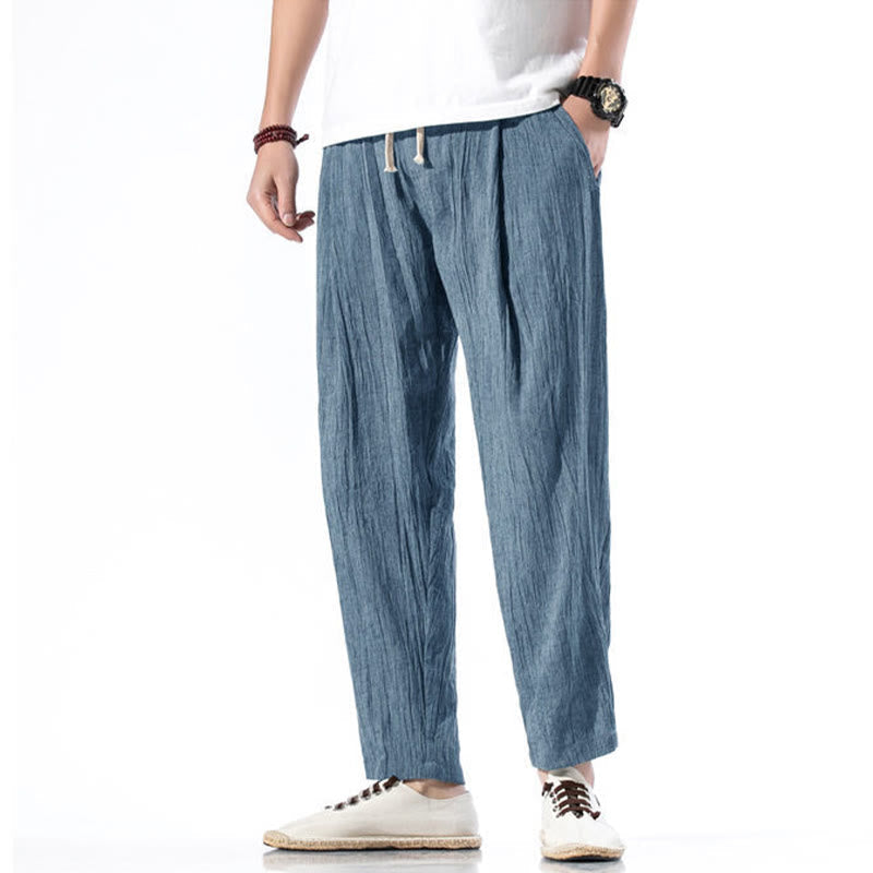 Nimara Ritual Casual Plain Pleated Design Drawstring Men's Long Cotton Linen Harem Pants With Pockets
