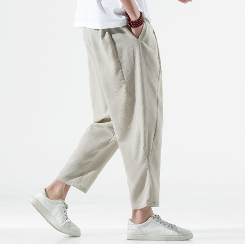 Nimara Ritual Casual Plain Pleated Design Drawstring Men's Long Cotton Linen Harem Pants With Pockets