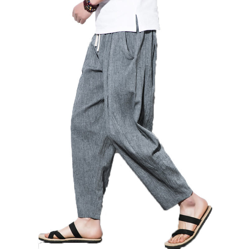 Nimara Ritual Casual Plain Pleated Design Drawstring Men's Long Cotton Linen Harem Pants With Pockets
