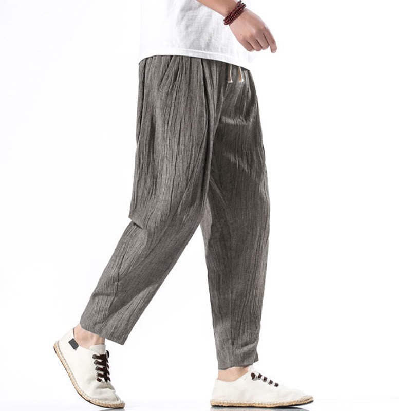 Nimara Ritual Casual Plain Pleated Design Drawstring Men's Long Cotton Linen Harem Pants With Pockets