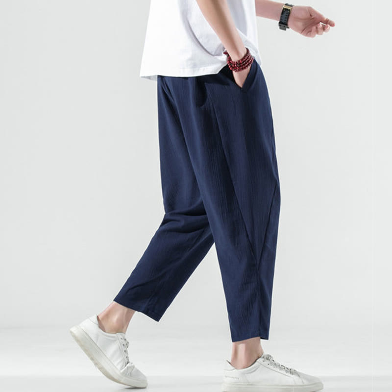 Nimara Ritual Casual Plain Pleated Design Drawstring Men's Long Cotton Linen Harem Pants With Pockets