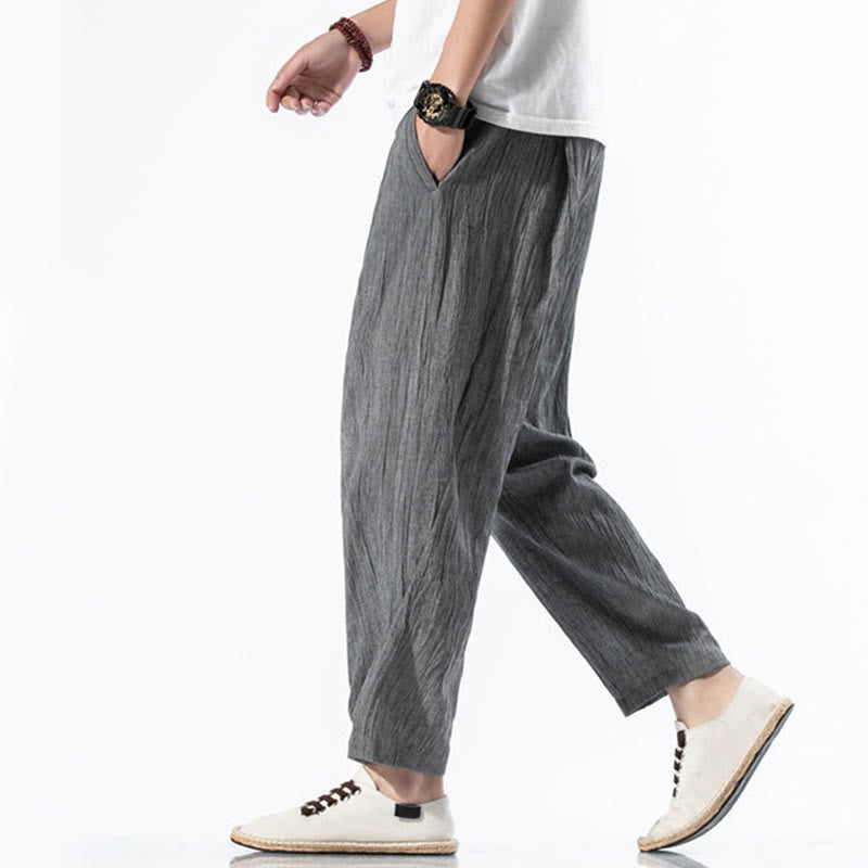 Nimara Ritual Casual Plain Pleated Design Drawstring Men's Long Cotton Linen Harem Pants With Pockets