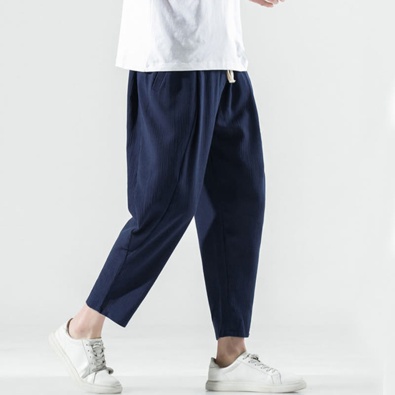 Nimara Ritual Casual Plain Pleated Design Drawstring Men's Long Cotton Linen Harem Pants With Pockets