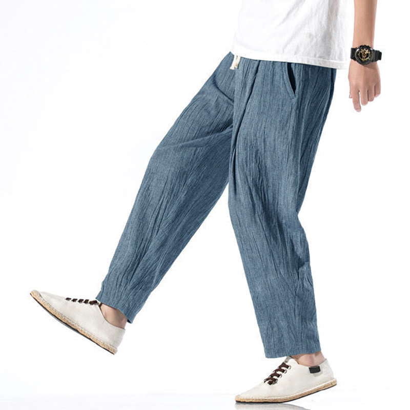 Nimara Ritual Casual Plain Pleated Design Drawstring Men's Long Cotton Linen Harem Pants With Pockets