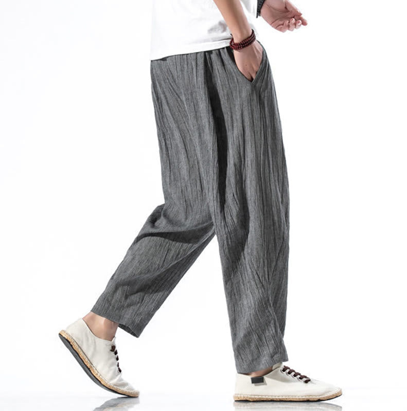 Nimara Ritual Casual Plain Pleated Design Drawstring Men's Long Cotton Linen Harem Pants With Pockets