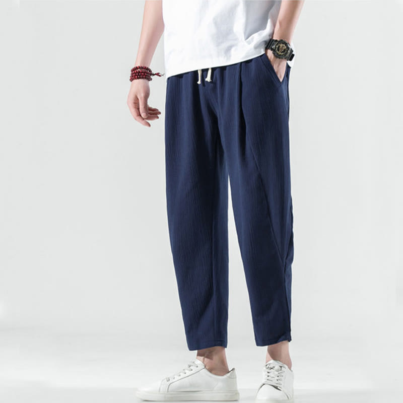 Nimara Ritual Casual Plain Pleated Design Drawstring Men's Long Cotton Linen Harem Pants With Pockets