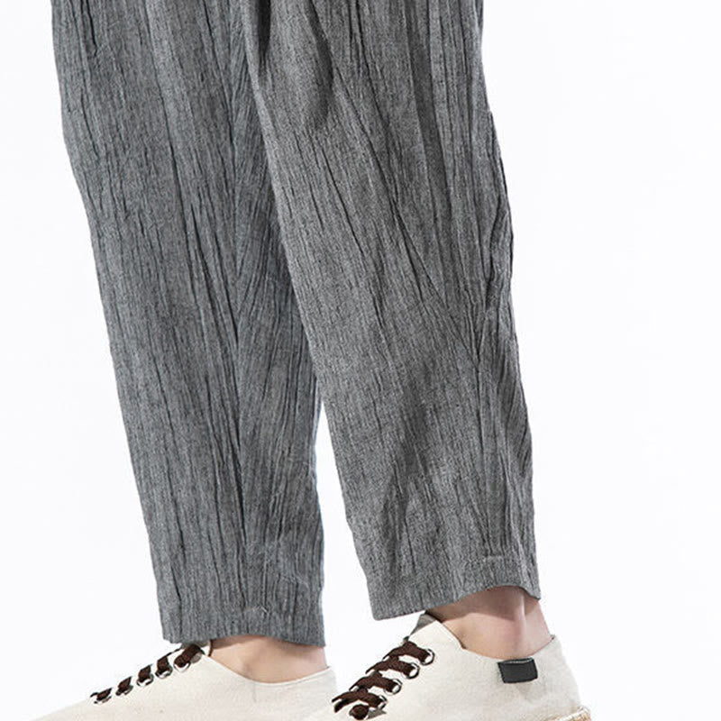 Nimara Ritual Casual Plain Pleated Design Drawstring Men's Long Cotton Linen Harem Pants With Pockets