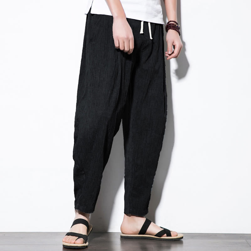 Nimara Ritual Casual Plain Pleated Design Drawstring Men's Long Cotton Linen Harem Pants With Pockets