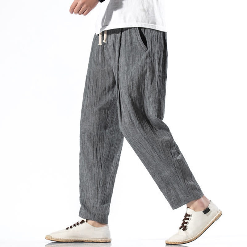 Nimara Ritual Casual Plain Pleated Design Drawstring Men's Long Cotton Linen Harem Pants With Pockets