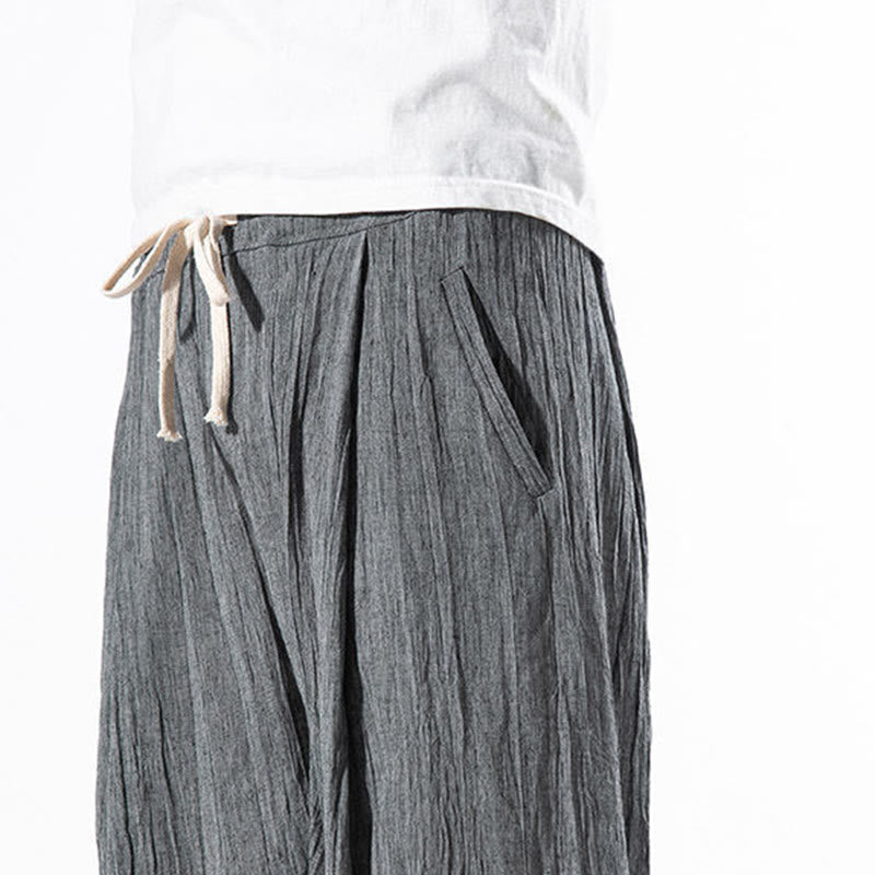 Nimara Ritual Casual Plain Pleated Design Drawstring Men's Long Cotton Linen Harem Pants With Pockets