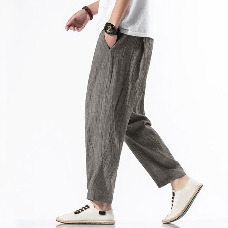 Nimara Ritual Casual Plain Pleated Design Drawstring Men's Long Cotton Linen Harem Pants With Pockets
