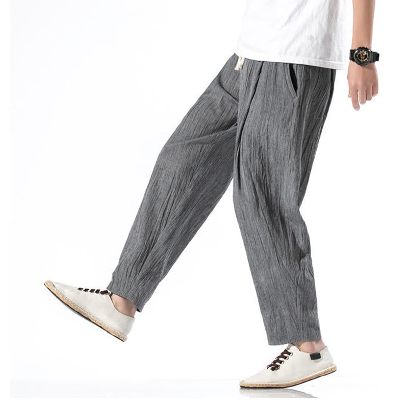 Nimara Ritual Casual Plain Pleated Design Drawstring Men's Long Cotton Linen Harem Pants With Pockets