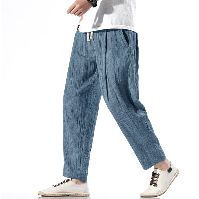 Nimara Ritual Casual Plain Pleated Design Drawstring Men's Long Cotton Linen Harem Pants With Pockets