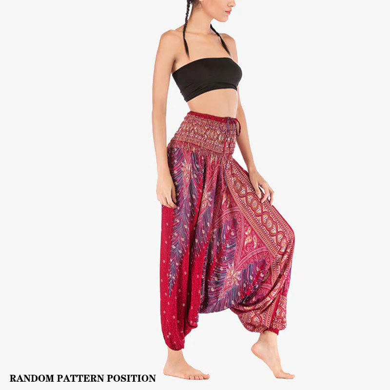 Nimara Ritual Two Style Wear Feathers Geometric Pattern Loose Smocked Trousers Jumpsuit Women's Yoga Pants