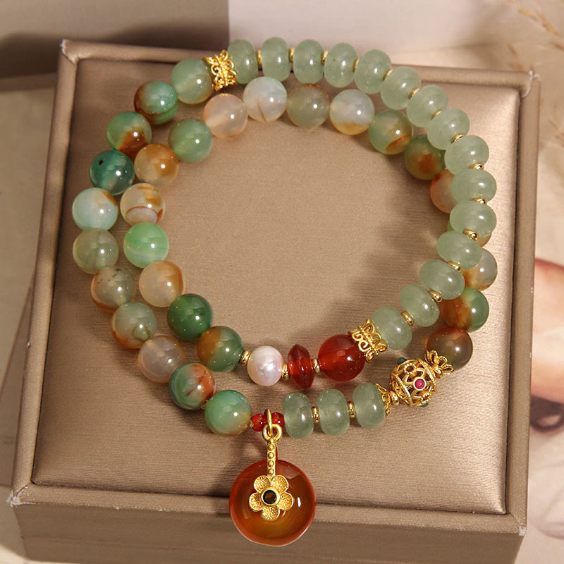 Nimara Ritual Natural Colorful Peacock Agate Flower Peace Buckle Pearl Double Layer Support Bracelet