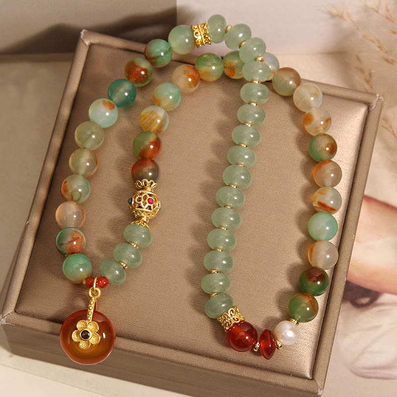 Nimara Ritual Natural Colorful Peacock Agate Flower Peace Buckle Pearl Double Layer Support Bracelet