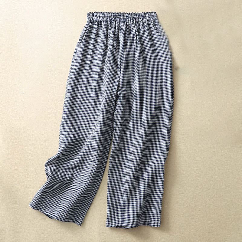 Nimara Ritual Commute Casual Checkered Pattern 7-8 Length Women's Wide Leg Cotton Linen Pants With Pockets