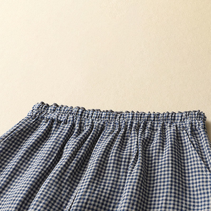 Nimara Ritual Commute Casual Checkered Pattern 7-8 Length Women's Wide Leg Cotton Linen Pants With Pockets