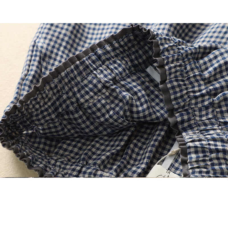 Nimara Ritual Commute Casual Checkered Pattern 7-8 Length Women's Wide Leg Cotton Linen Pants With Pockets