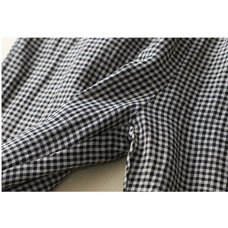 Nimara Ritual Commute Casual Checkered Pattern 7-8 Length Women's Wide Leg Cotton Linen Pants With Pockets