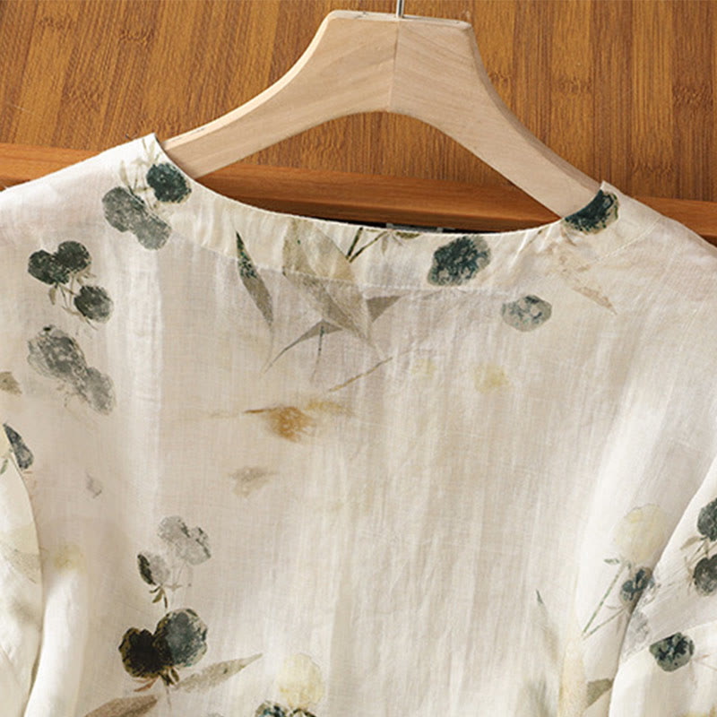 Nimara Ritual Plant Printed V-neck Button Design Women's Polyester Three Quarter Sleeve Shirt
