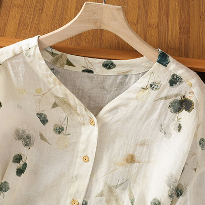 Nimara Ritual Plant Printed V-neck Button Design Women's Polyester Three Quarter Sleeve Shirt