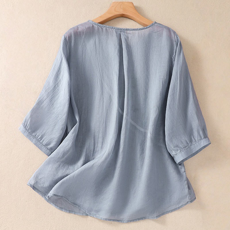 Nimara Ritual Embroidered Flower Crew Neck Design Women's Cotton Linen Half Sleeve Shirt