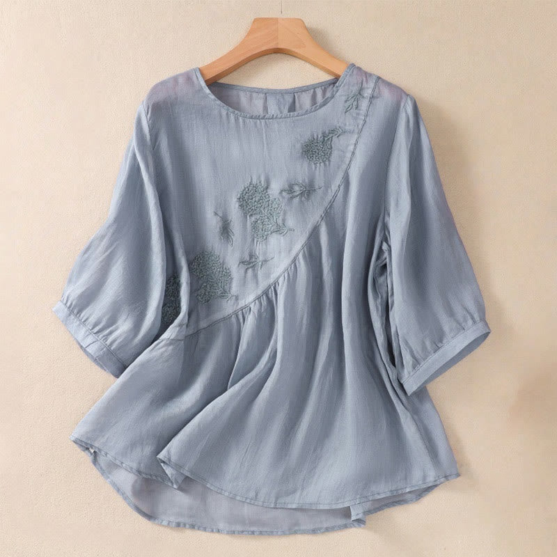 Nimara Ritual Embroidered Flower Crew Neck Design Women's Cotton Linen Half Sleeve Shirt