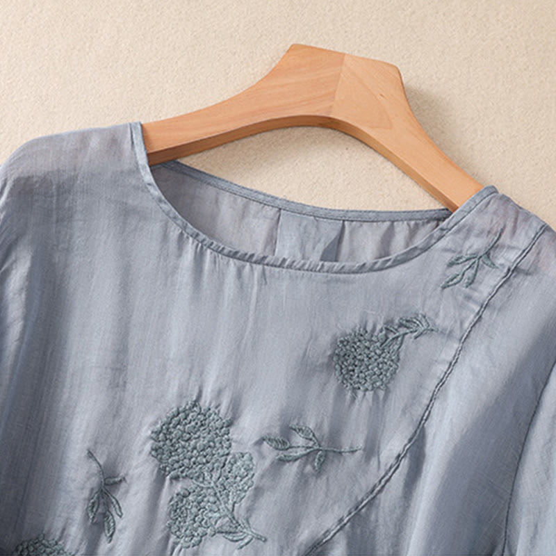 Nimara Ritual Embroidered Flower Crew Neck Design Women's Cotton Linen Half Sleeve Shirt