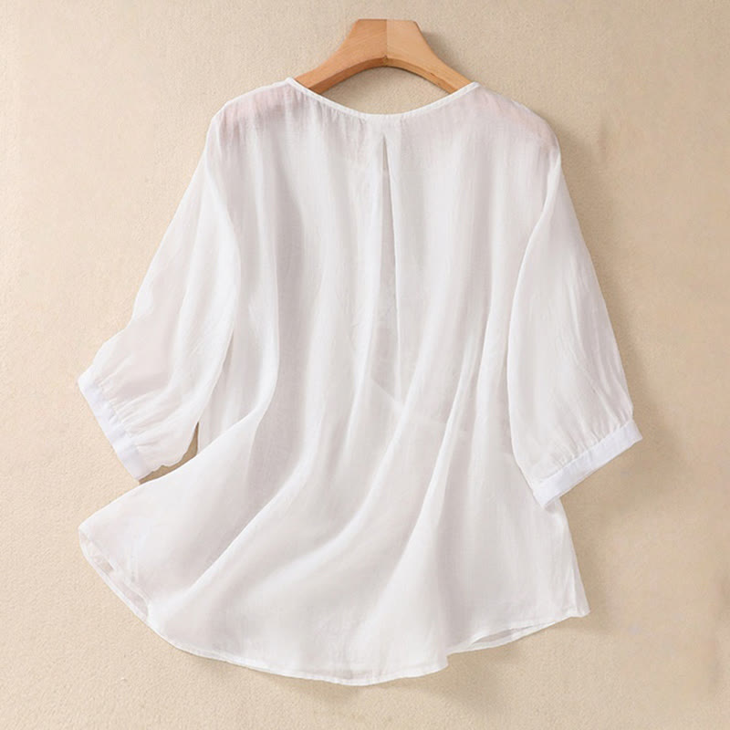 Nimara Ritual Embroidered Flower Crew Neck Design Women's Cotton Linen Half Sleeve Shirt