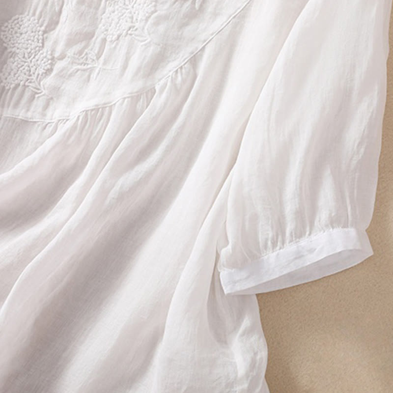 Nimara Ritual Embroidered Flower Crew Neck Design Women's Cotton Linen Half Sleeve Shirt