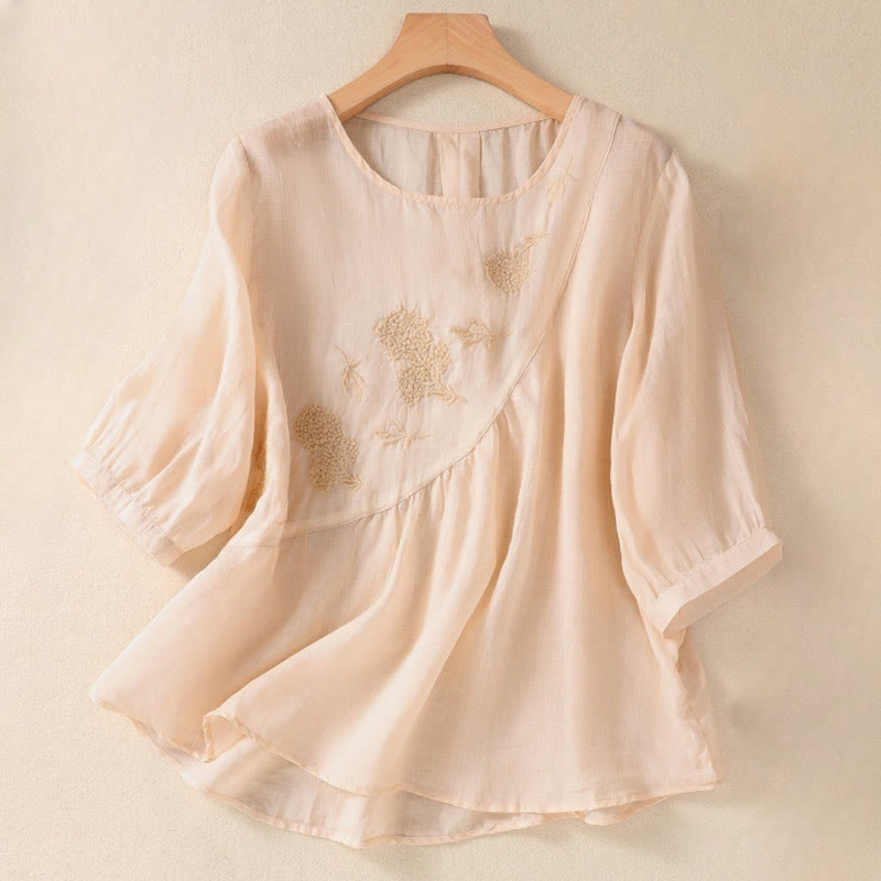 Nimara Ritual Embroidered Flower Crew Neck Design Women's Cotton Linen Half Sleeve Shirt