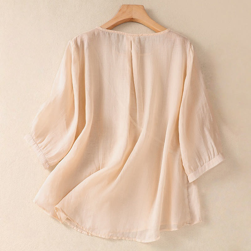 Nimara Ritual Embroidered Flower Crew Neck Design Women's Cotton Linen Half Sleeve Shirt