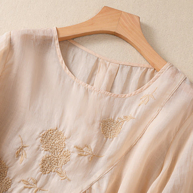Nimara Ritual Embroidered Flower Crew Neck Design Women's Cotton Linen Half Sleeve Shirt