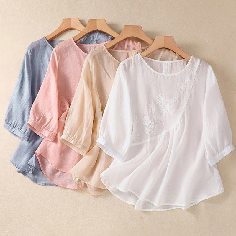 Nimara Ritual Embroidered Flower Crew Neck Design Women's Cotton Linen Half Sleeve Shirt