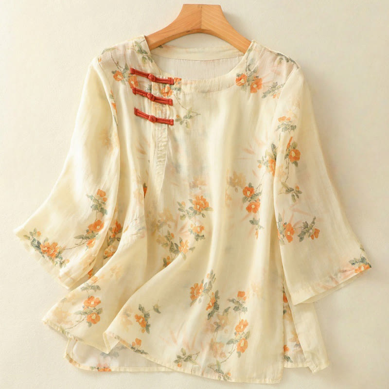 Nimara Ritual Plant Printed Crew Neck Frog Button Design Women's Polyester Three Quarter Sleeve Shirt