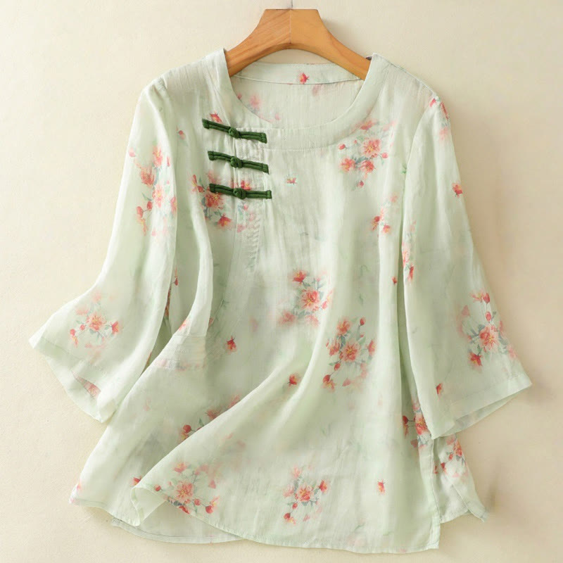 Nimara Ritual Plant Printed Crew Neck Frog Button Design Women's Polyester Three Quarter Sleeve Shirt