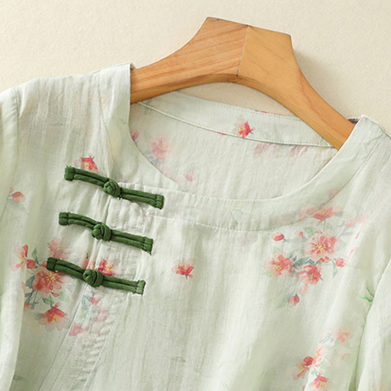 Nimara Ritual Plant Printed Crew Neck Frog Button Design Women's Polyester Three Quarter Sleeve Shirt