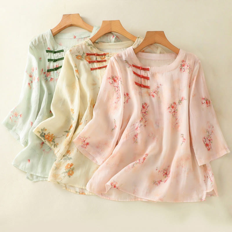 Nimara Ritual Plant Printed Crew Neck Frog Button Design Women's Polyester Three Quarter Sleeve Shirt