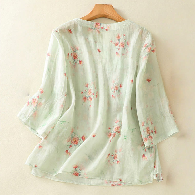Nimara Ritual Plant Printed Crew Neck Frog Button Design Women's Polyester Three Quarter Sleeve Shirt