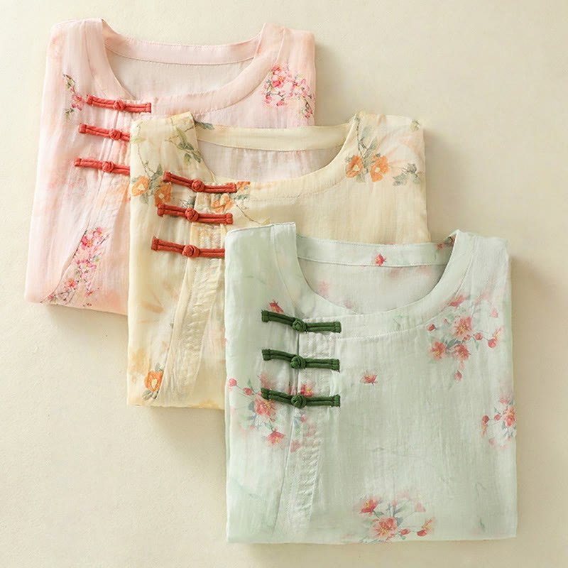 Nimara Ritual Plant Printed Crew Neck Frog Button Design Women's Polyester Three Quarter Sleeve Shirt