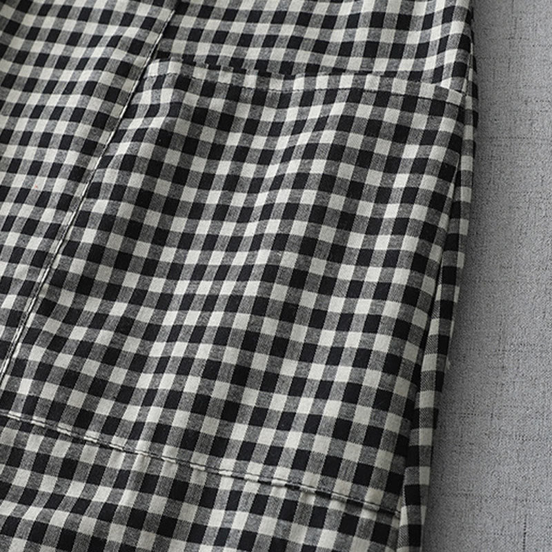 Nimara Ritual Casual Vintage Plaid Pattern Lapel Short Sleeve Midi Dress With Pockets