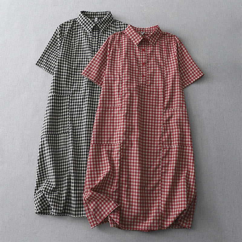 Nimara Ritual Casual Vintage Plaid Pattern Lapel Short Sleeve Midi Dress With Pockets