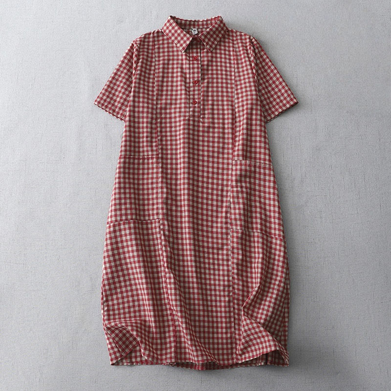 Nimara Ritual Casual Vintage Plaid Pattern Lapel Short Sleeve Midi Dress With Pockets
