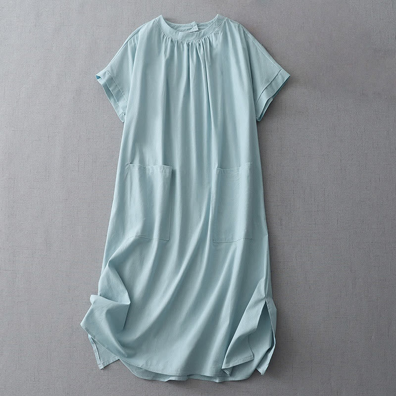 Nimara Ritual Casual Pure Color Back Buttons Design Crew Neck Short Sleeve Cotton Linen Midi Dress With Pockets