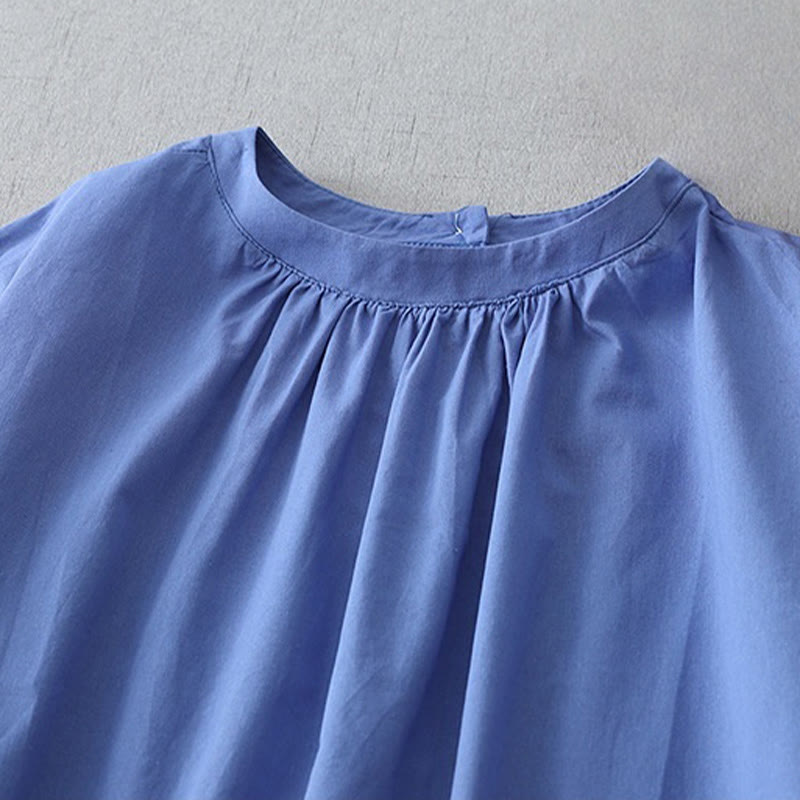Nimara Ritual Casual Pure Color Back Buttons Design Crew Neck Short Sleeve Cotton Linen Midi Dress With Pockets