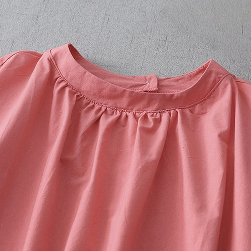 Nimara Ritual Casual Pure Color Back Buttons Design Crew Neck Short Sleeve Cotton Linen Midi Dress With Pockets