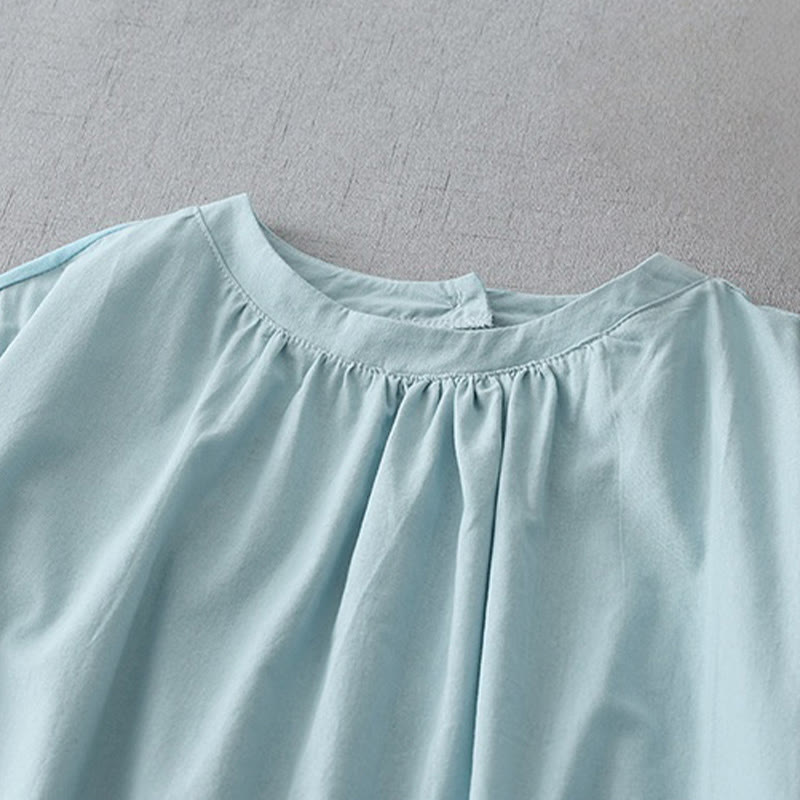 Nimara Ritual Casual Pure Color Back Buttons Design Crew Neck Short Sleeve Cotton Linen Midi Dress With Pockets