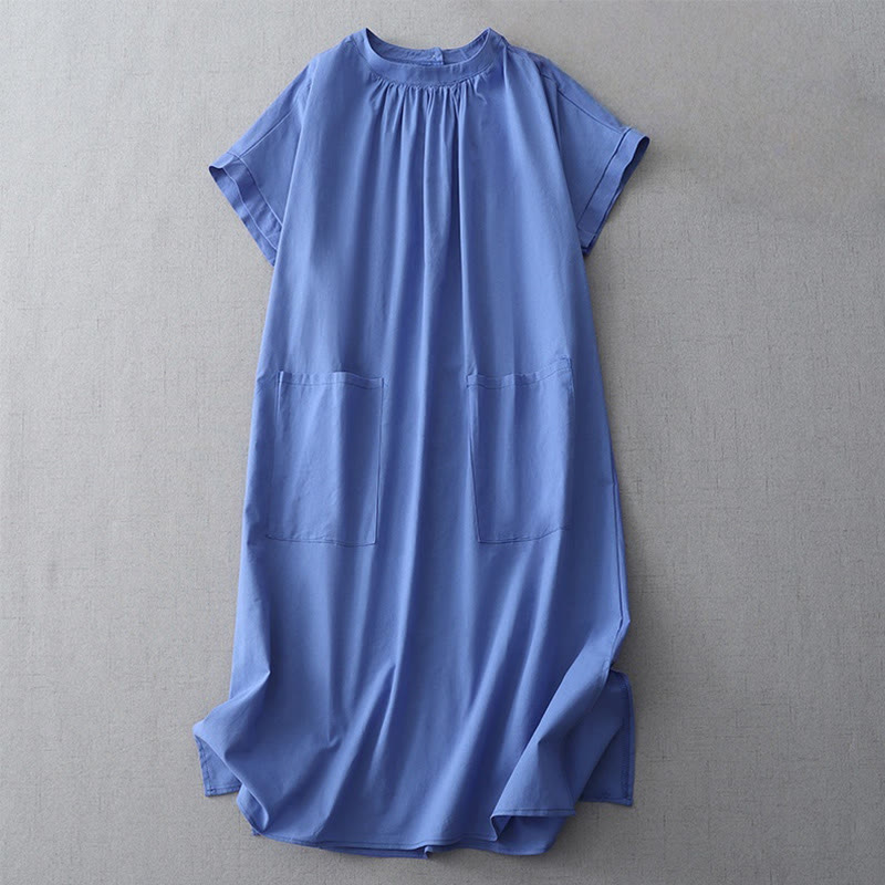Nimara Ritual Casual Pure Color Back Buttons Design Crew Neck Short Sleeve Cotton Linen Midi Dress With Pockets