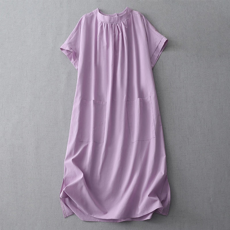 Nimara Ritual Casual Pure Color Back Buttons Design Crew Neck Short Sleeve Cotton Linen Midi Dress With Pockets